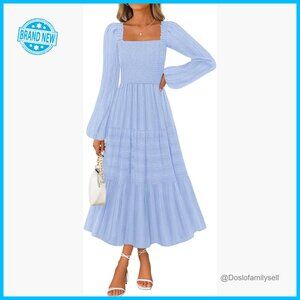 Light Blue Smocked Square Neck Maxi Dress with Long Bishop Sleeves